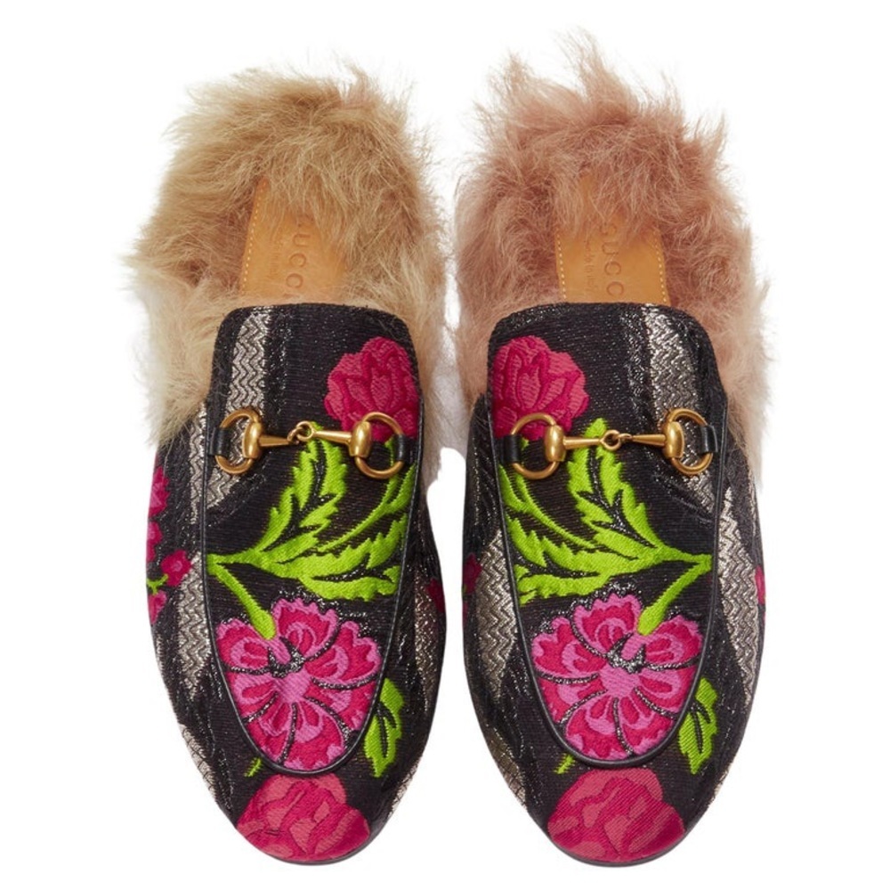 GUCCI Princetown Pink Floral Brocade Jacquard Fur Lined Loafer Slipper Mules